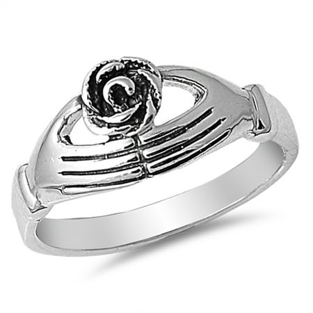 Rose Flower Claddagh Hands Girlfriend Ring .925 Sterling Silver Band Size