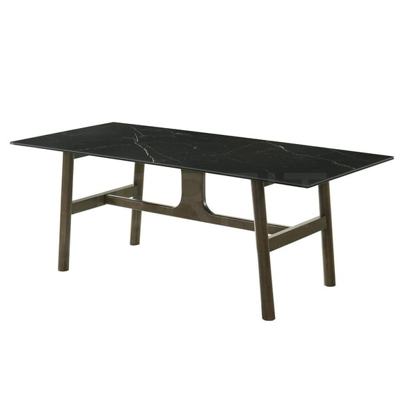 JERFIT Modern Dining Table with Tempered Glass Top & Walnut Finish Base, Black Rectangular Kitchen Table for 6, Space Saving Design for Dining Room