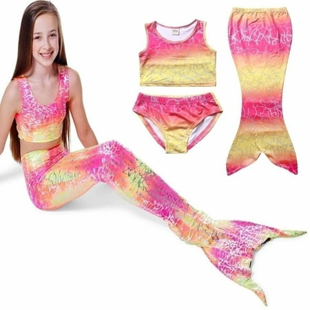 4-8Y Kids Girls Mermaid Tail Swimmable Bikini Set Swimwear Swimsuit Swimming