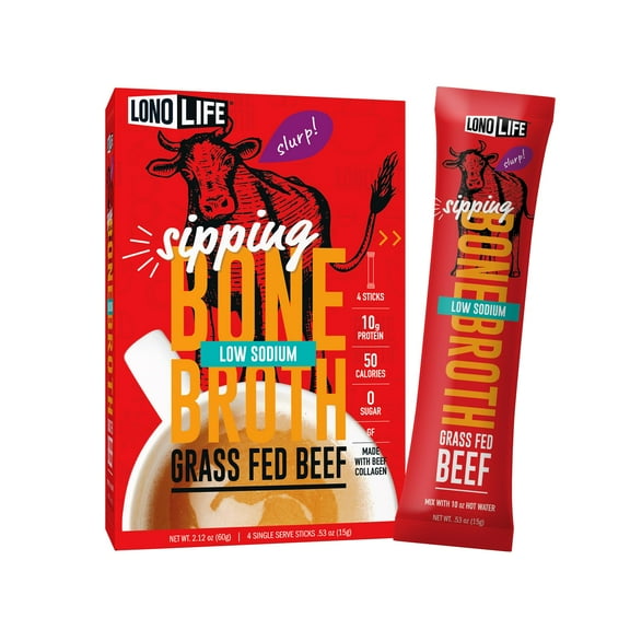 LonoLife Low Sodium Beef Bone Broth Powder Mix | Grass-Fed, 10g Protein | Collagen-Rich, Keto & Paleo Friendly | Natural Ingredients | 4 Portable Stick Pack Servings