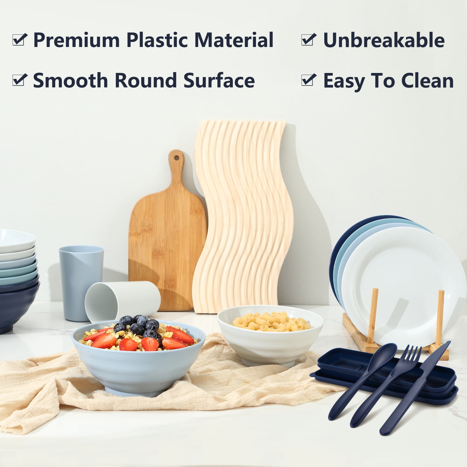 Mirdinner Unbreakable Plastic Dinnerware Sets for 4 (20pcs), Reusable Lightweight Plates Cups and Bowls with Cutlery Set, for Home & Camping Party, Great for Kids & Adult, Dishwasher Microwave Safe