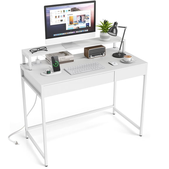 Costway Computer Desk with Power Outlets, Compact Office Desk with Removable Monitor Shelf White