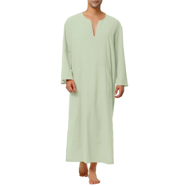 INSPIRAR CHIC Pijamas para hombres de algodón, ropa de dormir, vestido largo con escote en V y abertura lateral, con bolsillo, color verde