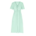 thumbnail image 4 of Meichang Women Casual Dresses V Neck Short Sleeve Eyelet Midi Dresses with Tie Knot on Chest Solid Pleated Dresses Flowy A-Line Dresses with Pockets Mint Green S, 4 of 7