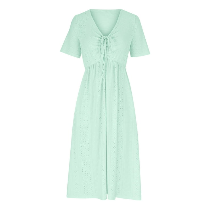 Meichang Women Casual Dresses V Neck Short Sleeve Eyelet Midi Dresses with  Tie Knot on Chest Solid Pleated Dresses Flowy A-Line Dresses with Pockets Mint  Green XXL - Walmart.com