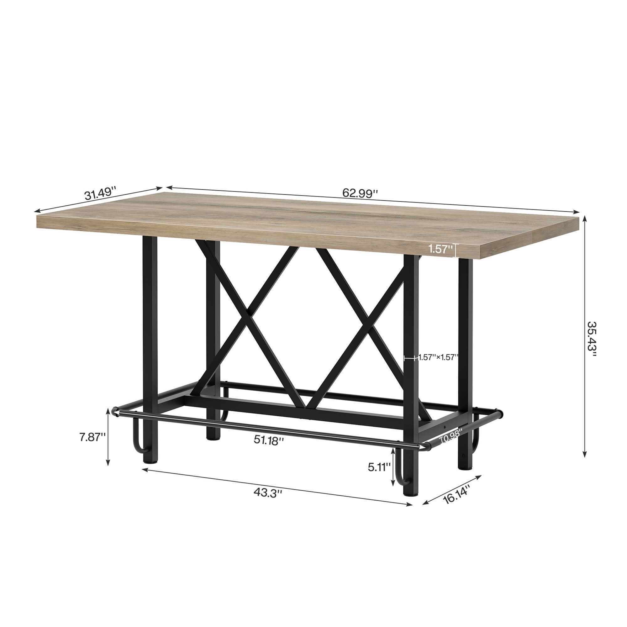 MAYEERTY 63" Counter Height Industrial Dining Table, 6-Seater Rustic Wooden Top & Metal Legs with Footrest, Multiuse Kitchen & Work Table