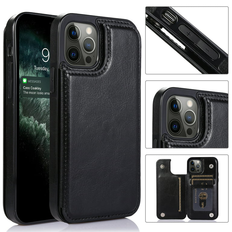 Luxury Side Magnetic Button Card ID Holder PU Leather Phone Wallet Case, Black for iPhone 11