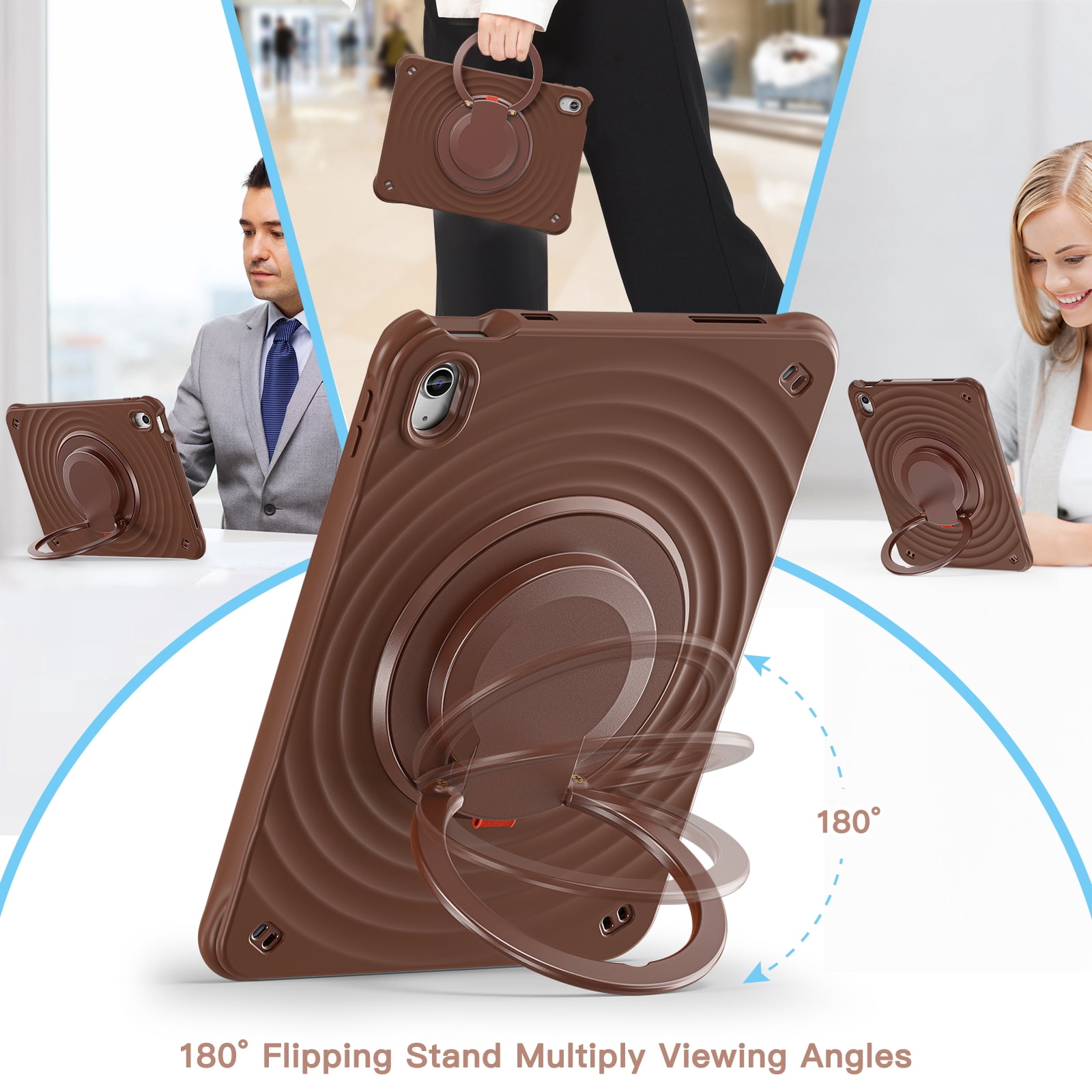 ELEHOLD Case for Apple iPad 10th Gen, Portable Hybrid Shockproof iPad Case with Pencil Holder & Hanging Ring Handle Rotatable Kickstand,Chocolate
