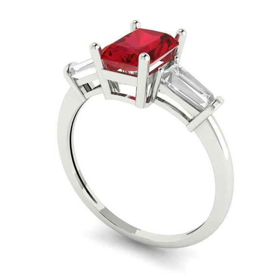 1.5 ct Emerald Cut Simulated Pink Tourmaline Three-Stone Engagement Ring for Women in 18K White Gold