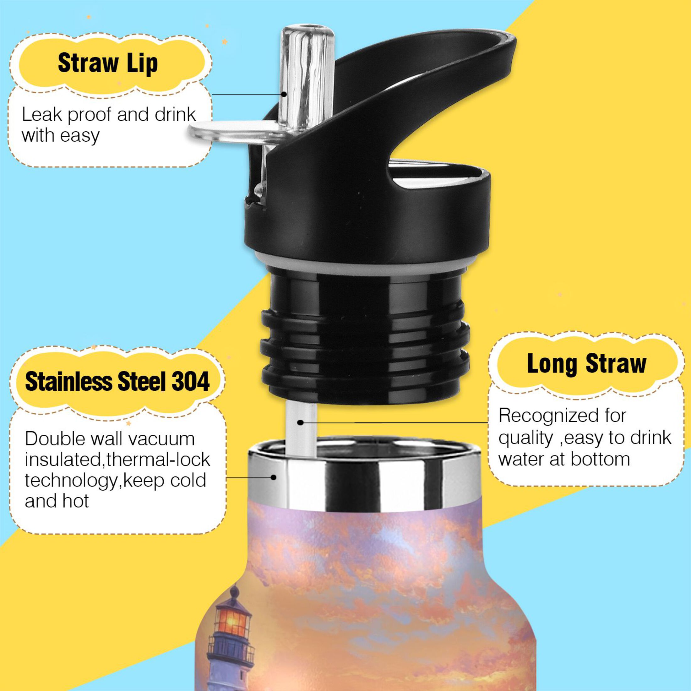 600ML Stainless Steel Insulated Cup Sports Water Bottle Portable Thermos Cup Water Glasses Insulated Tumblers Convenient and Durable Super Beautiful Lighthouse