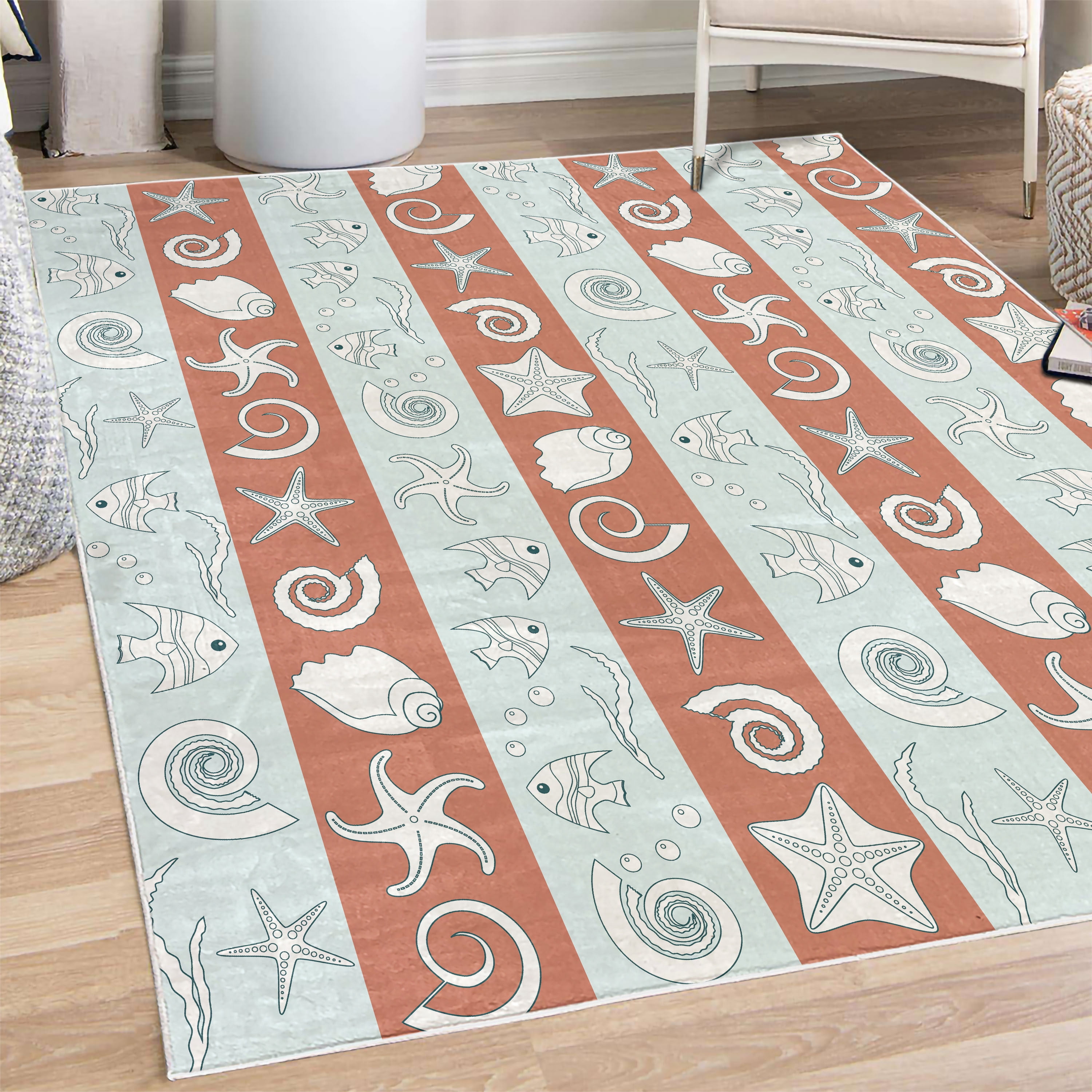 Nautical Decorative Rug, Marine Theme Sea Animals Fishes Shells on ...