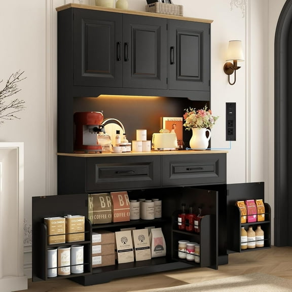 71" Tall Kitchen Pantry Cabinet with 6 Doors Shelves & Led Lights & Charge Station, 47" Wide Freestanding Farmhouse Cupboard with 2 Drawer,6 Doors Storage,Adjustable Shelves,Open Countertop, Black