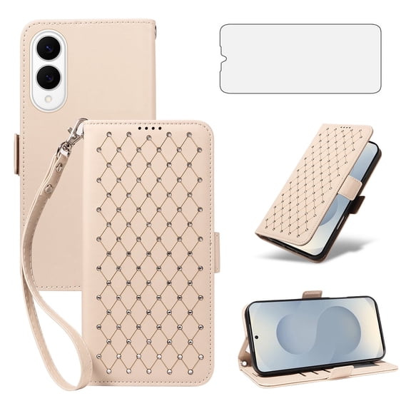 Asuwish Samsung Galaxy S25 Edge Wallet Case, matte Leather Flip Cover with Wrist Strap, 3 Card Holder Slots, Kickstand & Shockproof – Beige