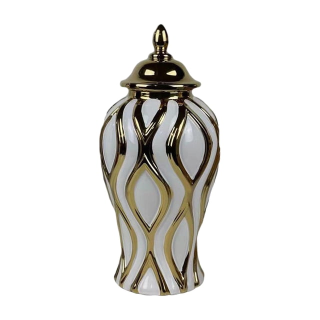 Jarrón de jengibre de porcelana, jarrón de jengibre de cerámica con tapa, decoración artesanal de porcelana Oro blanco medio