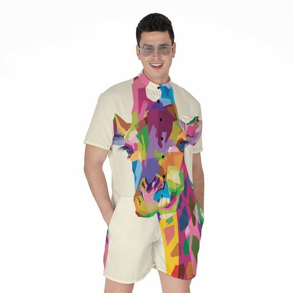 Colorful Giraffe Portrait Short Sleeve Men'S Rompers Casual Summer Jumpsuits Outfit