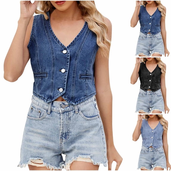 UTSJKR Womens Summer Cropped Denim Vest, V-Neck Crop Western Jean Vest Top for Women Country Trendy Outfits Black XL