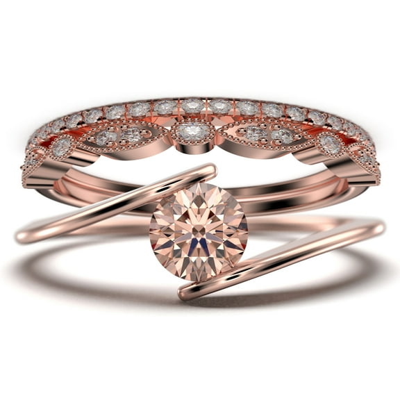 Solitaire 2 Carat Round Cut Morganite Unique Engagement Ring, Classic Wedding Ring, Two Matching Band in 10k Solid Rose Gold Band, Gift For Her, Promise Ring, Anniversary Ring, Trio Ring Set