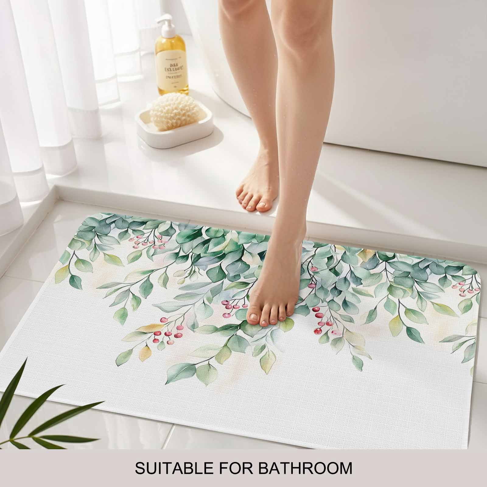 Eucalyptus Doormat Outdoor Entrance 16"x24", Retro Green Spring Botanical Leaf Red Fruit Absorb Moisture Dirt Door Mats, Non-Slip Rubber Backing Floor Mats Indoor, Low-Profile Front Door Rugs