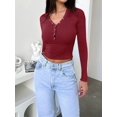 thumbnail image 5 of Womens Long Sleeve Shirts Fall Clothes Henley Tops Business Casual Ribbed Blouses Fashion Trendy Outfits Wine Red S, 5 of 8
