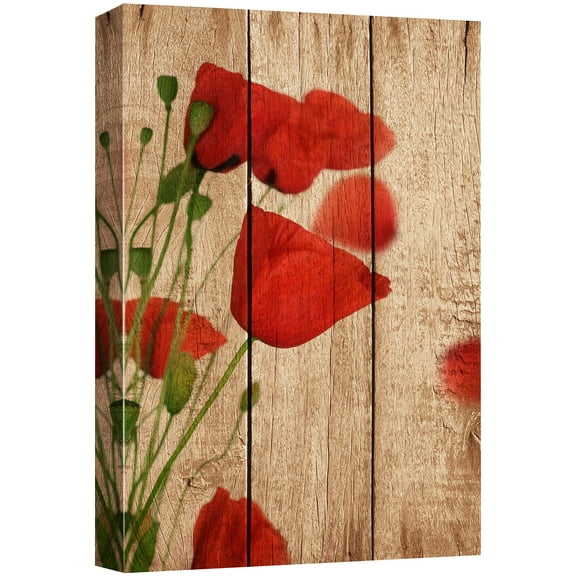 wall26 Canvas Print Wall Art Red Poppy Flowers on Wood Panels Nature Wilderness Digital Art Realism Chic Colorful Multicolor Ultra for Living Room, Bedroom, Office - 16"x24"