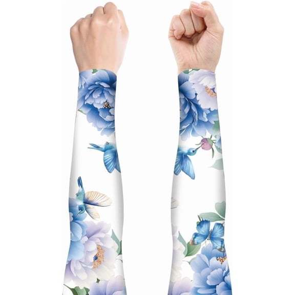 1 Pair Gardening Sleeves Blue Flowers and Hummingbirds Farm Sun Protection Thorn Proof Sleeves Cover Arm Cooling Arm Sleeve
