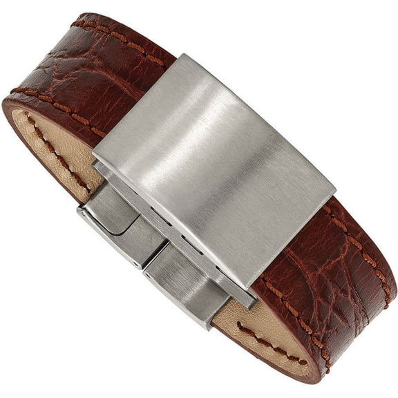 Primal Steel Stainless Steel Brushed Medium Brown Leather 8.5in ID Bracelet