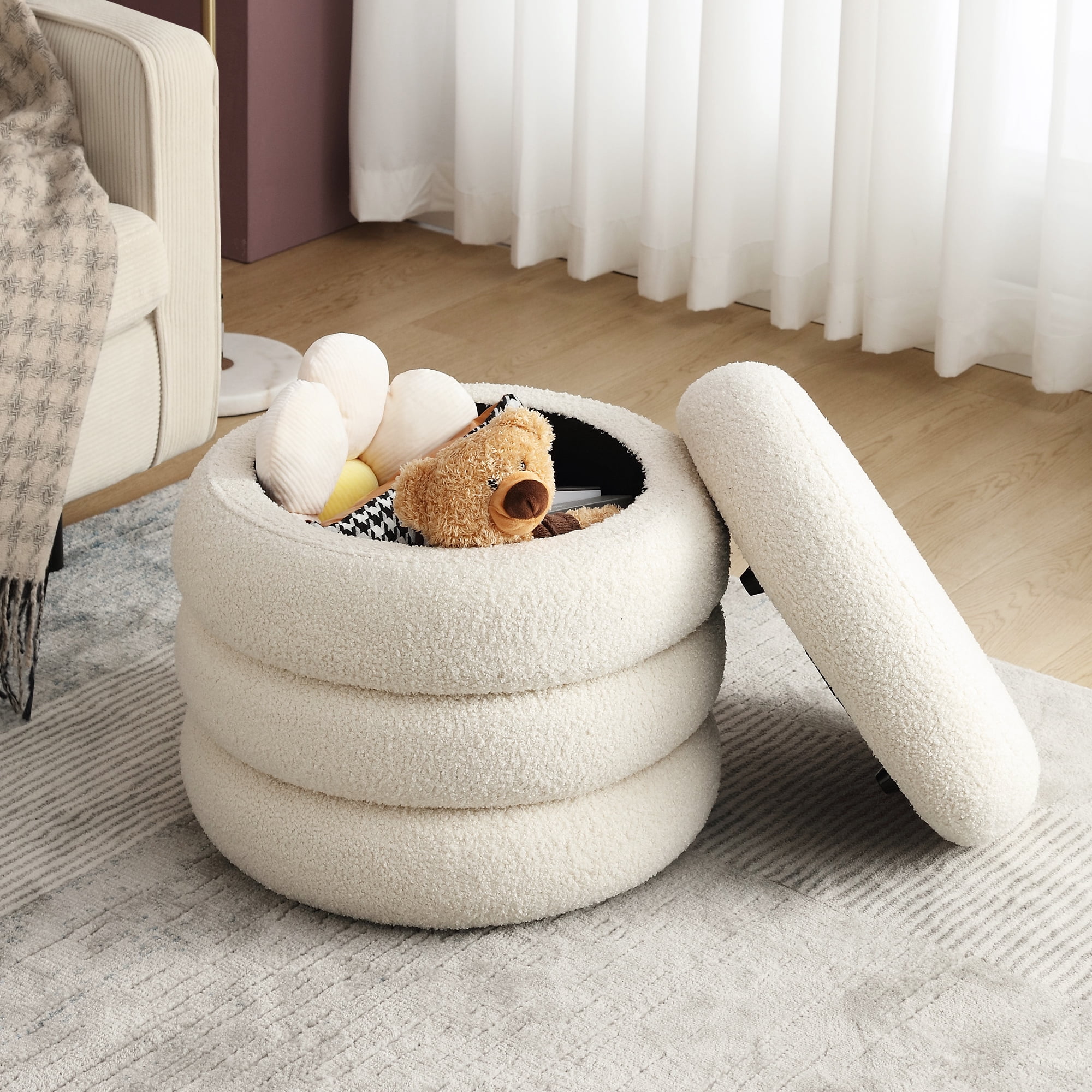 Zesthouse 19.5" Wide Round Boucle Storage Ottoman, Tufted Sherpa Ottoman Footstool for Living Room Bedroom, White
