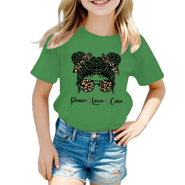 LUOGENLI T-Shirt pour Filles Enfant Filles Mignon Graphique Col Rond Manche Courte Tee Été Décontracté T-Shirt Chandails pour Filles Tendance de Grandes Marques Vert 7-8 Ans
