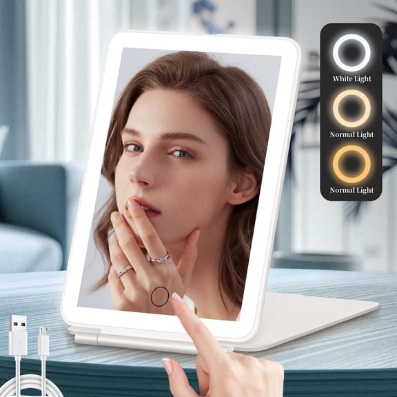 FUNTOUCH Lighted Travel Mirror, 3 Color Makeup Mirror, Portable Vanity Mirror, Rechargeable Folding Cosmetic Mirror