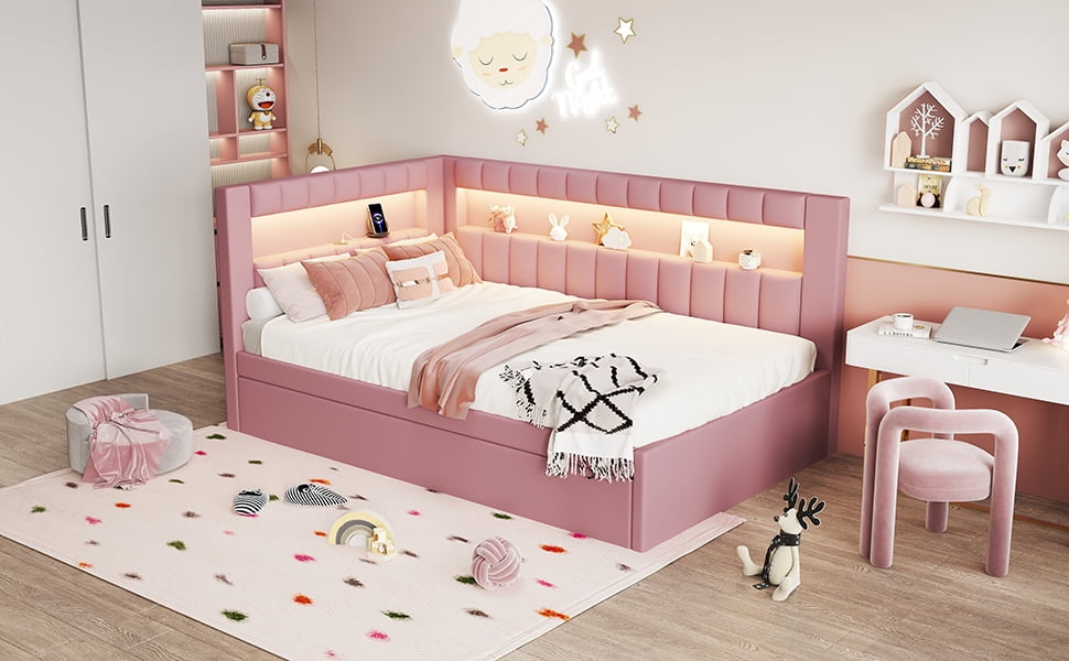 Noble House Upholstered Twin Size Platform Bed with USB Ports and LED Belt, With Trundle, Pink