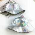 thumbnail image 2 of Women Men Faux Leather Harajuku Hip Hop Bucket Cap Glitter Metallic Holographic Reflective Reversible Wide Brim Fisherman Hat, 2 of 9