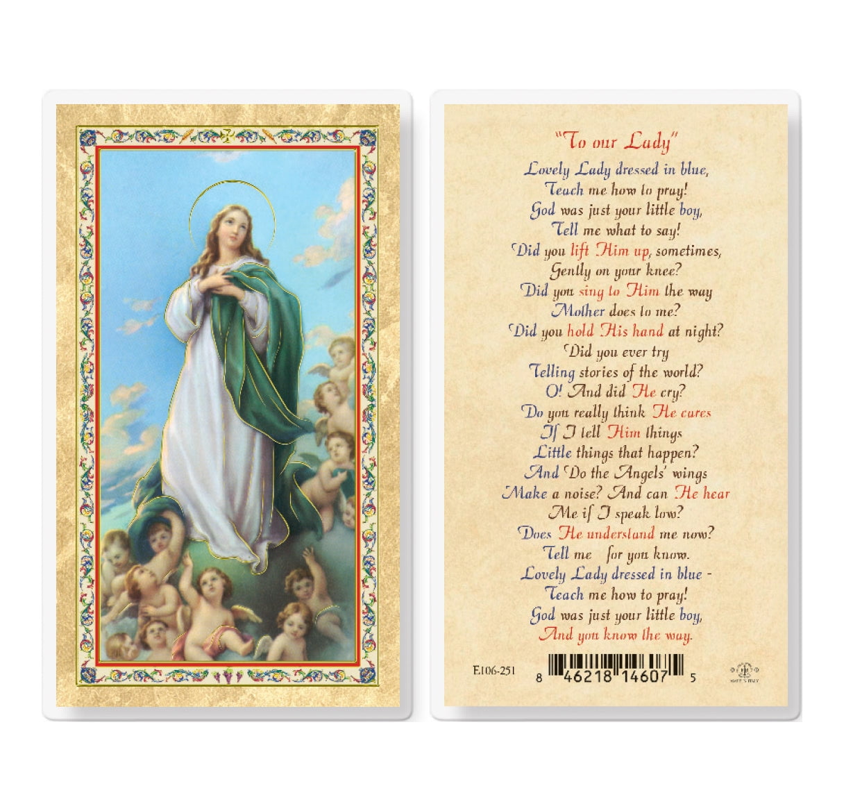 Lovely Lady Dressed in Blue Gold-Stamped Laminated Catholic Prayer Holy ...