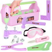 Exercise N Play Kids Tool Set Pretend Play Construction Tool Accessories with a Tool Box Including Toy Electric Drill, Christmas Birthday Gift for Girl Boy (Pink, 18 Pieces)