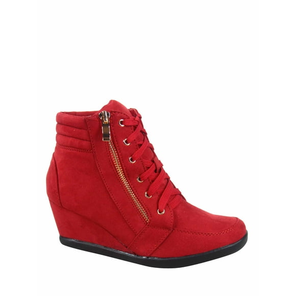 Peggy-53 Women's High Top Fashion Round Toe Lace Up Wedge Sneaker Shoes ( Red, 8 )