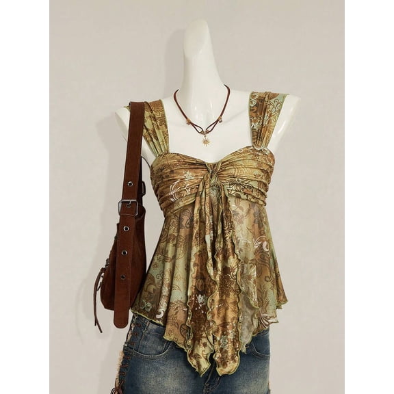 Yellow Floral Paisley Print Tie-Front Peplum Asymmetrical Mesh Hem Tank Top For Women