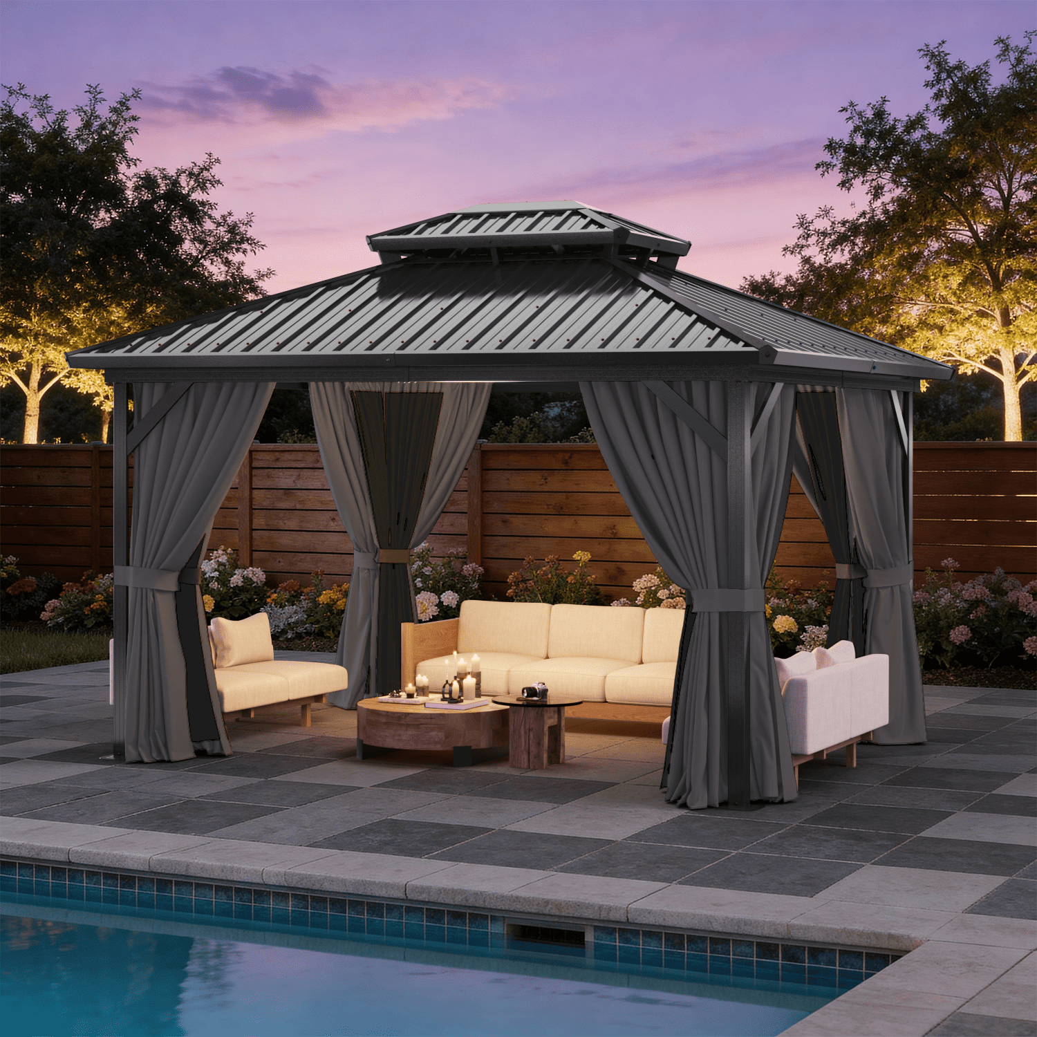 LazySunsets 12' X 10' Hardtop Gazebo with Double Roof Outdoor Gazebos for Patio Lawn and Garden Included Netting and Curtains, Gray