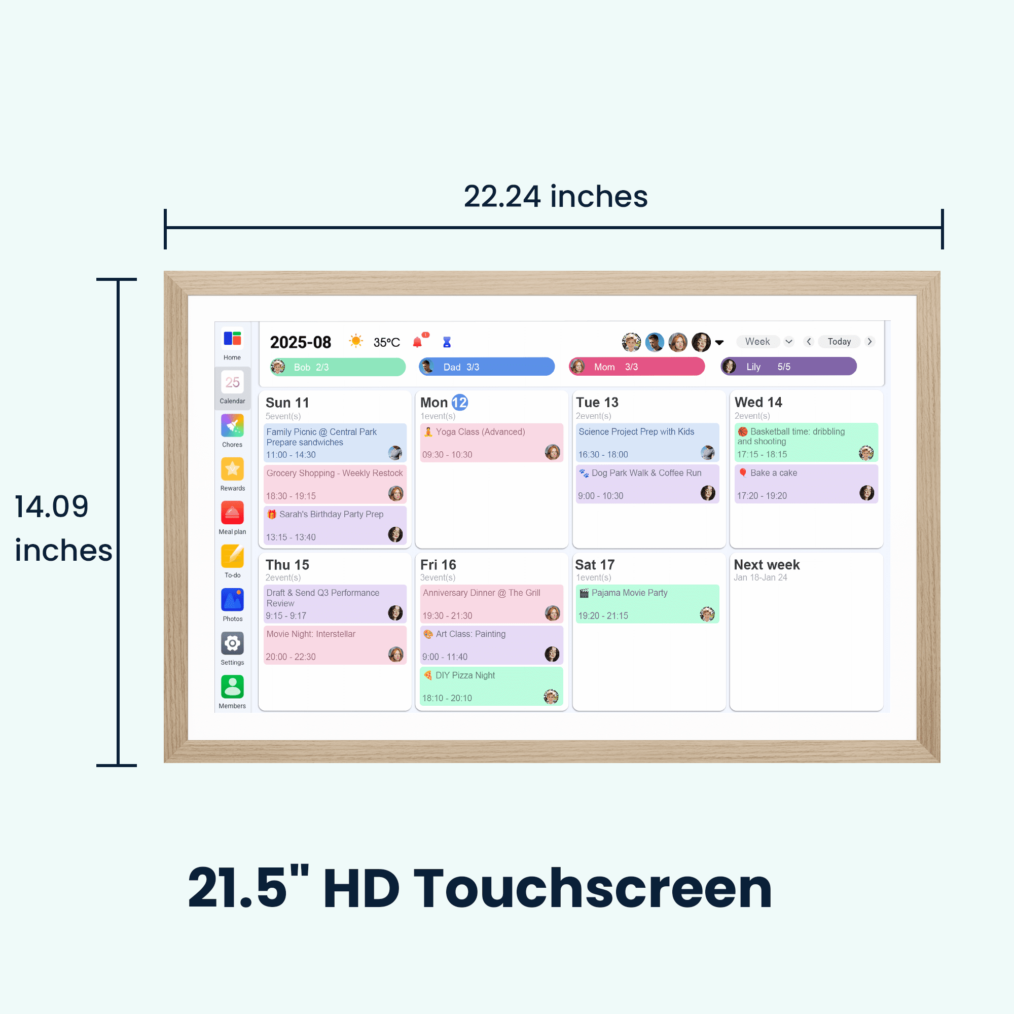 Winnovo 21.5-inch Smart Digital Wall Calendar, Touchscreen Family Planner with Wifi, No Subscription, Wood Frame