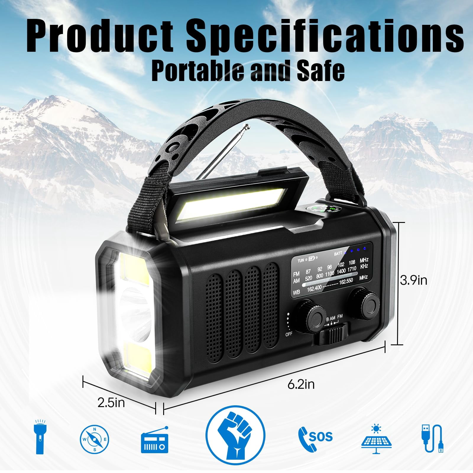 10000mah Emergency Crank Radio Noaa/am/fm Weather  Type-c Charge Solar Charging Sos 3 Modes Led Reading Lamp Compass For Outdoor Survival(black)