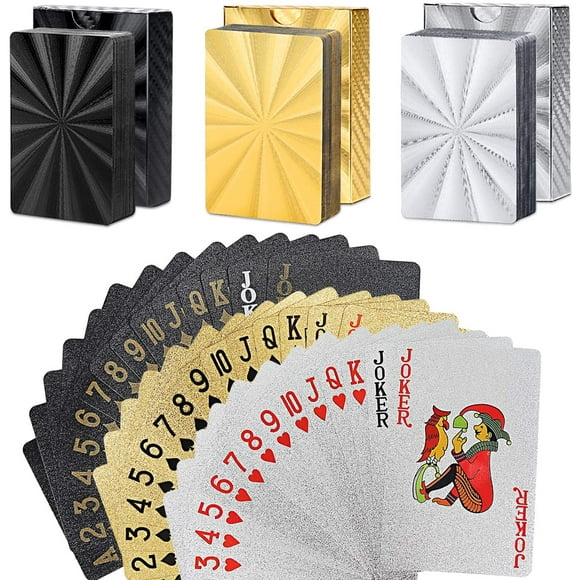 Playing Cards Standard Waterproof Plastic Foil Poker Cards Set Gold Silver Black, Magic Tricks Tool for for Men Women Gift Party Game Show, Pack of 3 Decks