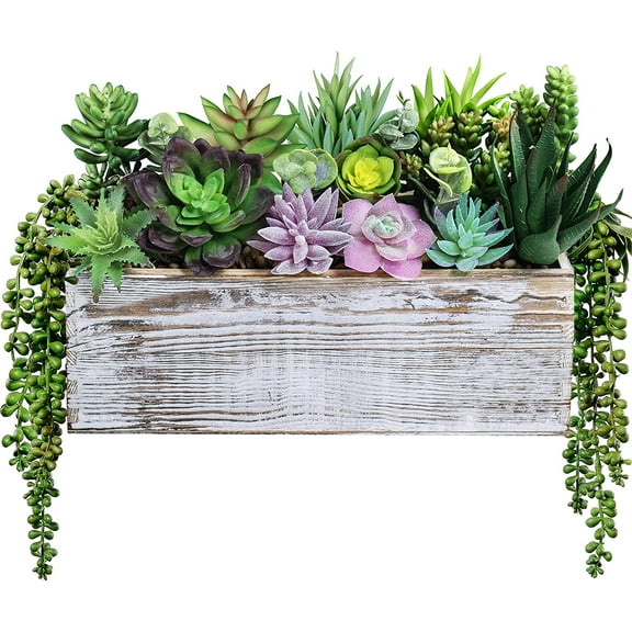 19 Pcs Assorted Artificial Succulents in Rectangular Wooden Pot Succulents Garden in Wood Planter Box Potted Succulents Plants Arrangement for Table Centerpiece Windowsill Greenery Decor