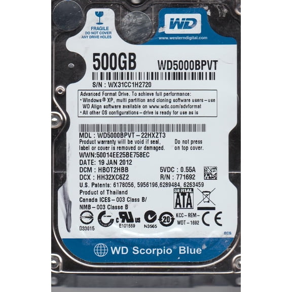 WD5000BPVT-22HXZT3, DCM HBOT2HBB, Western Digital 500GB SATA 2.5 Hard Drive