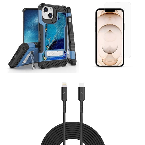 Bemz iPhone 13 Mini Bundle: Tri Shield Military Grade Armor Rugged Case (Deep Blue Marble), Premium Glass Screen Protectors (2-Pack), USB-C to Lightning Cable (3.3ft/1m)