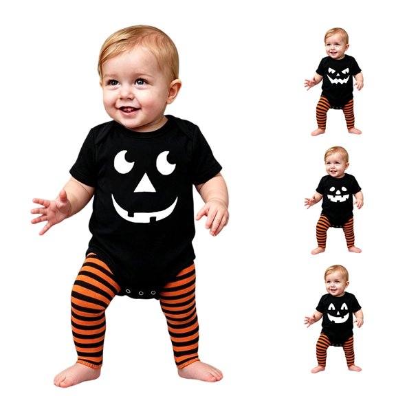Byoo Newborn Girls' Eye‑Catching Bodysuit Halloween Jack‑O‑Lantern Print Short‑Sleeve Crewneck Romper Holiday Outfit, Black1