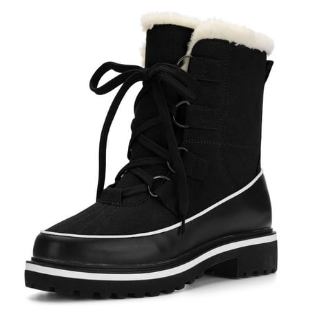 Women Contrast PU Panel Fleece Lining Lace Up Snow (Best Women's Winter Boot Brands)