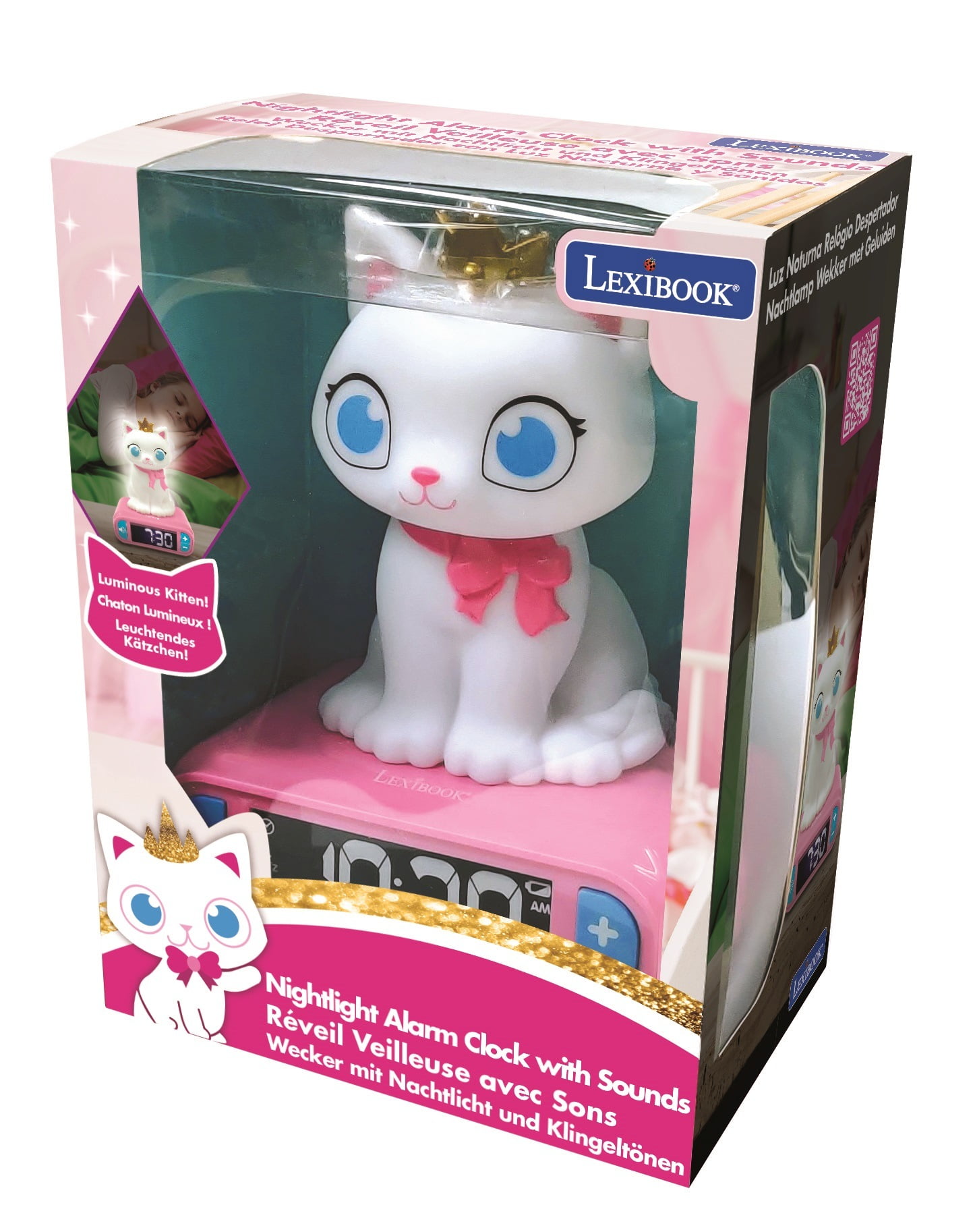 Lexibook - Kitten Digital Alarm Clock for Kids with Night Light Snooze, Childrens Clock, Luminous Cat, White and Pink Colours