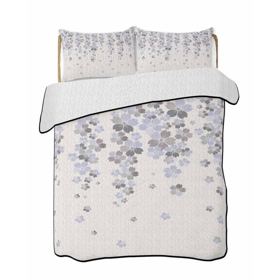 Quilts Twin-XL Size Bedding Set, Light Purple Cherry Lightweight Quilted Comforter, Spring Floral Gray Flowers Blossom Beige Soft Bedspread Coverlet with Pillow Covers for All Season, 68" x 98"