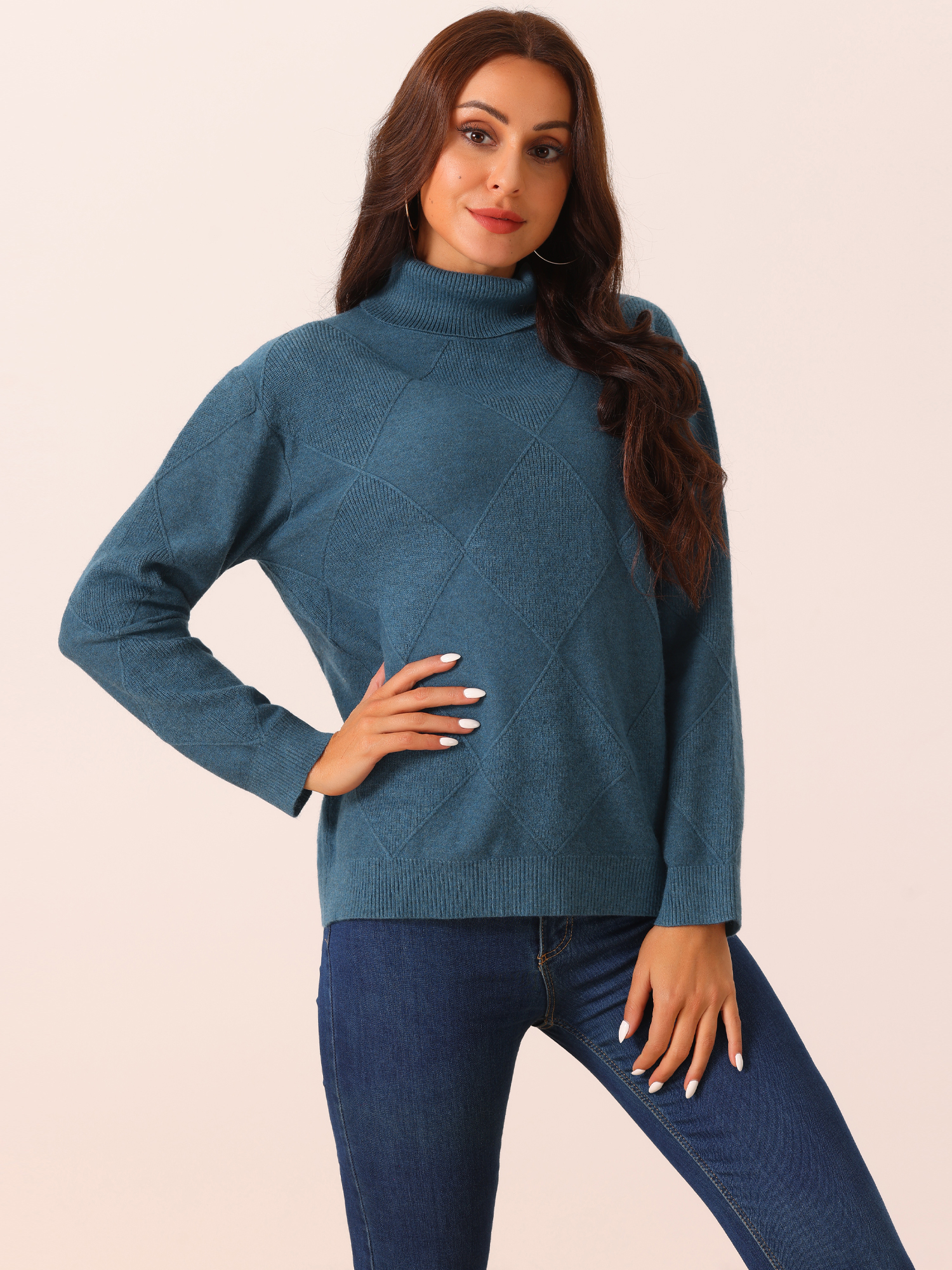 DARING DIVA Turtleneck Sweater Long Sleeve Knitted Pullover Basic S Deep Blue
