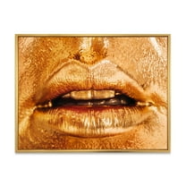 Designart 'Close Up Of Female Lips With Bright Golden Makeup' Modern Framed Canvas Wall Art Print