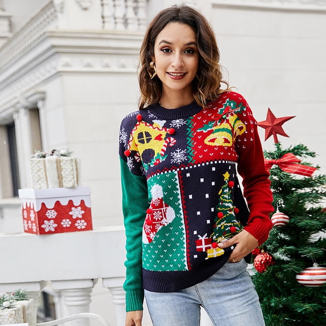 EGNMCR Chandails pour Femmes Dames Col Rond Manches Longues Tricoté Chandail Flocon de Neige Sapin de Noël Chandail de Noël