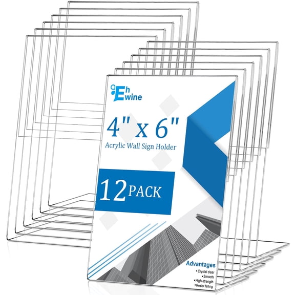 EHWINE 12 Pack 4 x 6 Acrylic Sign Holder, Clear Plastic Signs Display Stand, Vertical Slanted Back Paper Holder Stand up Table Top Sign Holders Flyer Stand Frames Suitable for Office Business Store